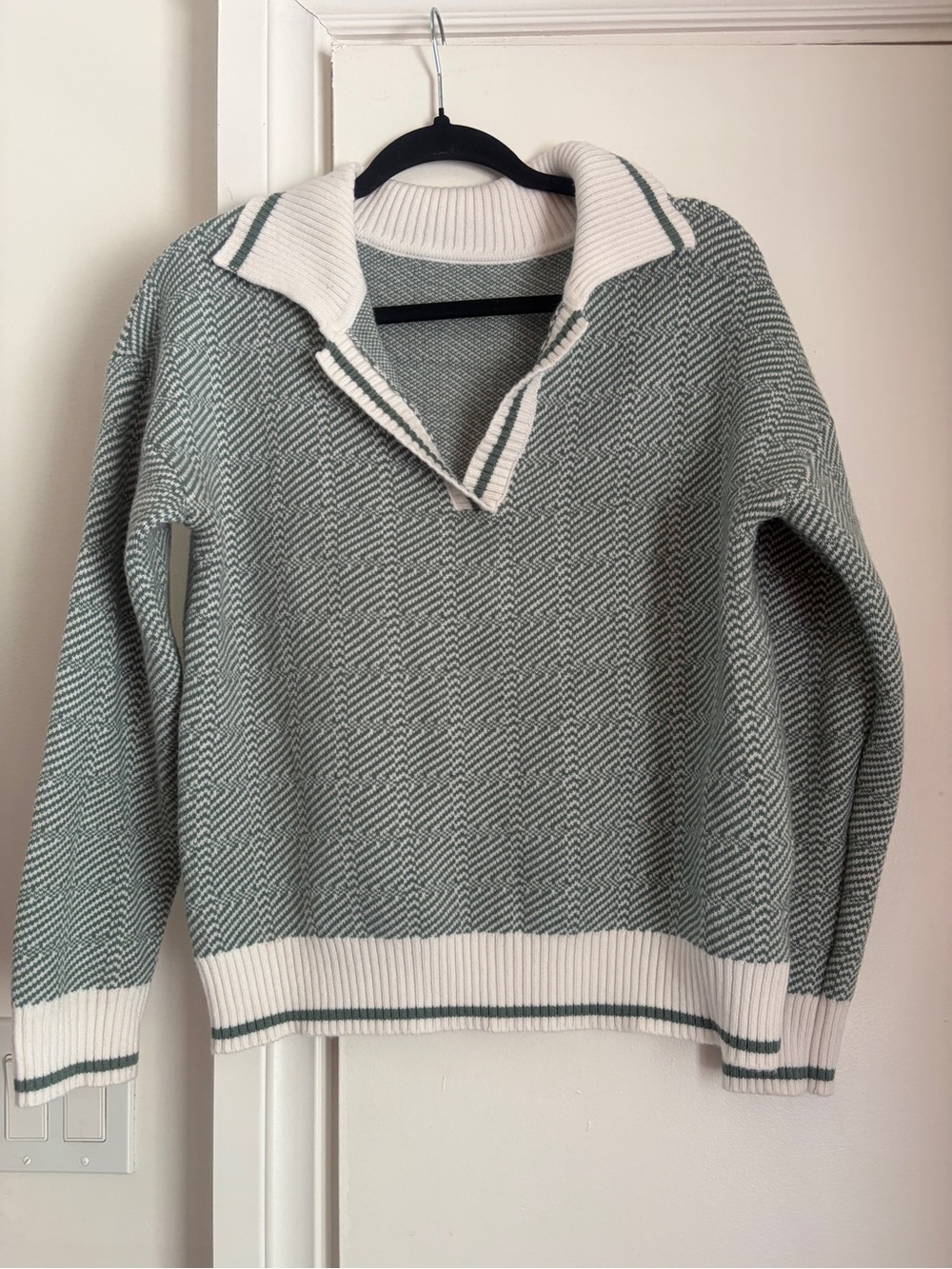 Collared Knit Pullover Sweater in Sage Green and Cream with abstract design